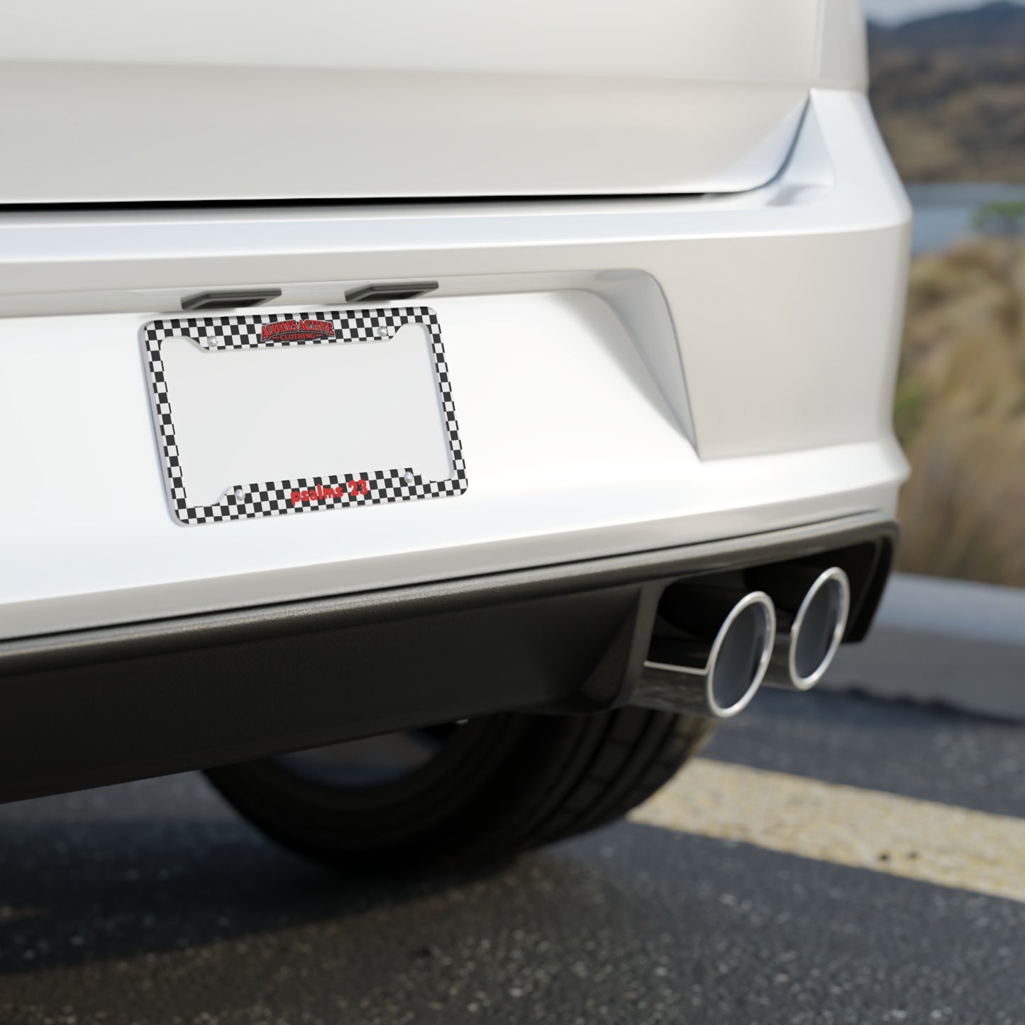 Checkerboard License Plate Frame — 'Psalms 23' Red Script, Always Active Logo