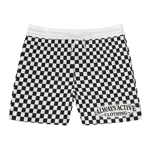 Checkerboard Split Swim Shorts — Men's Mid-Length Beach Trunks