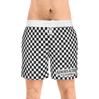 Checkerboard Split Swim Shorts — Men's Mid-Length Beach Trunks