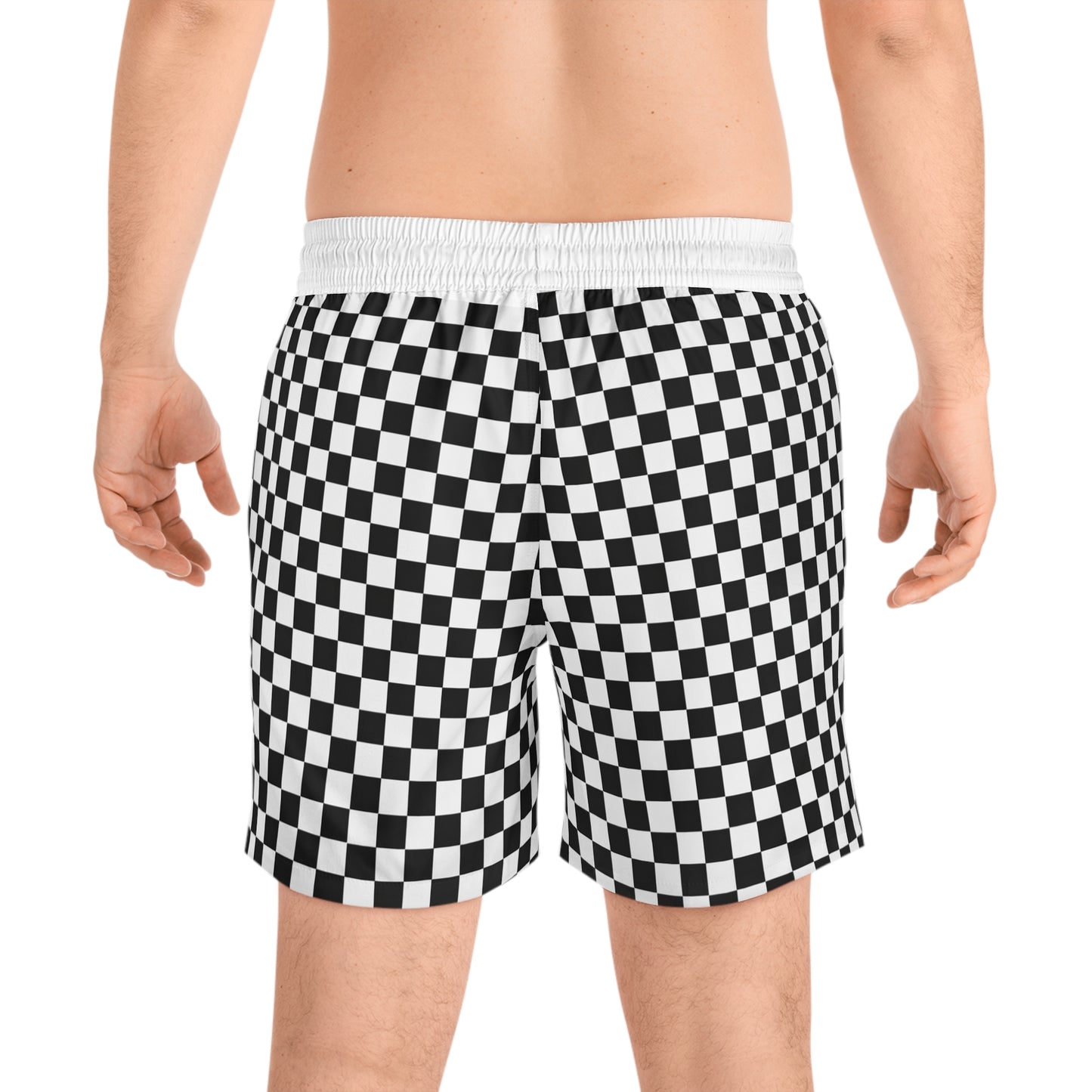 Checkerboard Split Swim Shorts — Men's Mid-Length Beach Trunks
