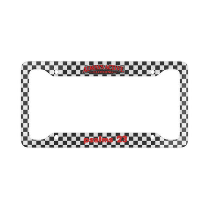 Checkerboard License Plate Frame — 'Psalms 23' Red Script, Always Active Logo